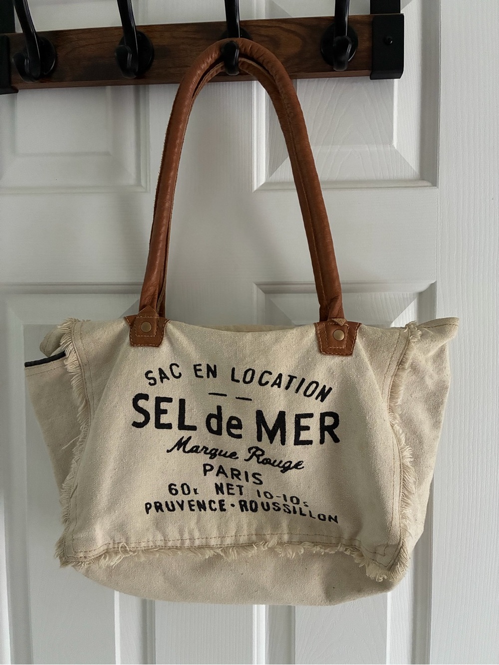 Canvas Tote Bag in Cream with Brown Handles